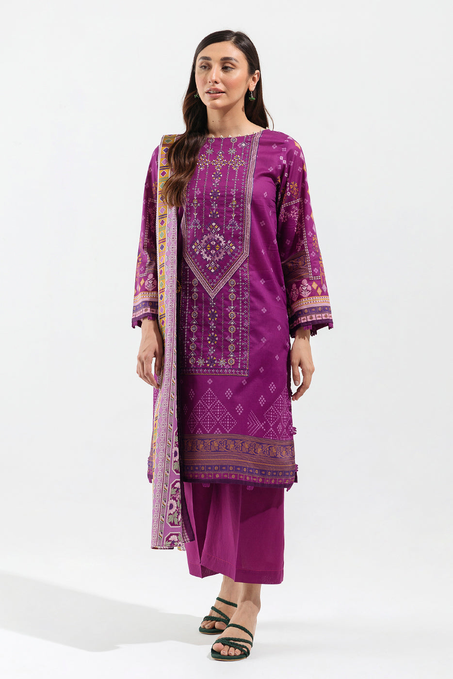 3 Piece - Printed Lawn Suit - Raspberry Weft (Unstitched)