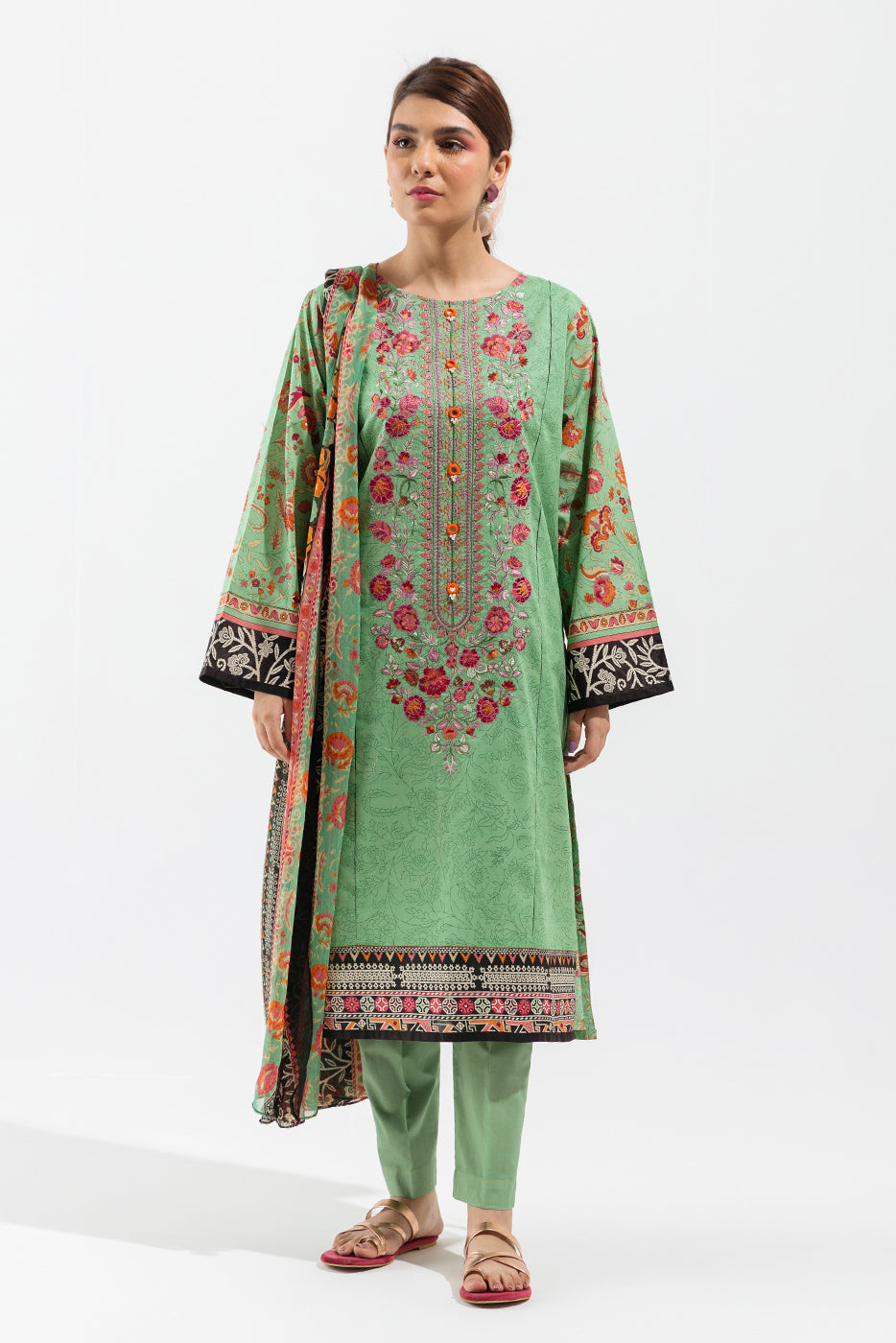 3 Piece - Embroidered Lawn Suit - Flora Mint (Unstitched)
