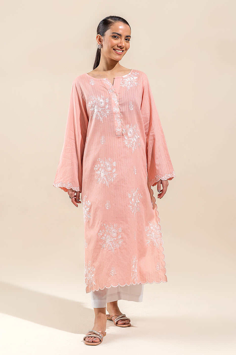 1 Piece Embroidered Leno Karra Shirt-Salmon Muse(Unstitched)
