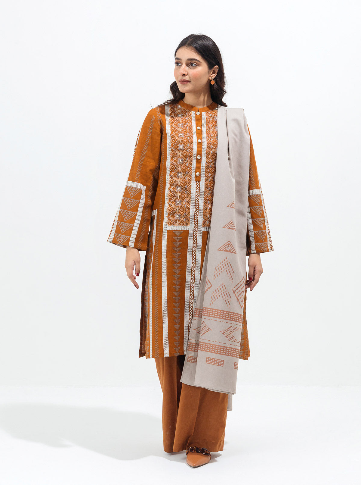 Ochre Dusk-Printed With Shawl-3P