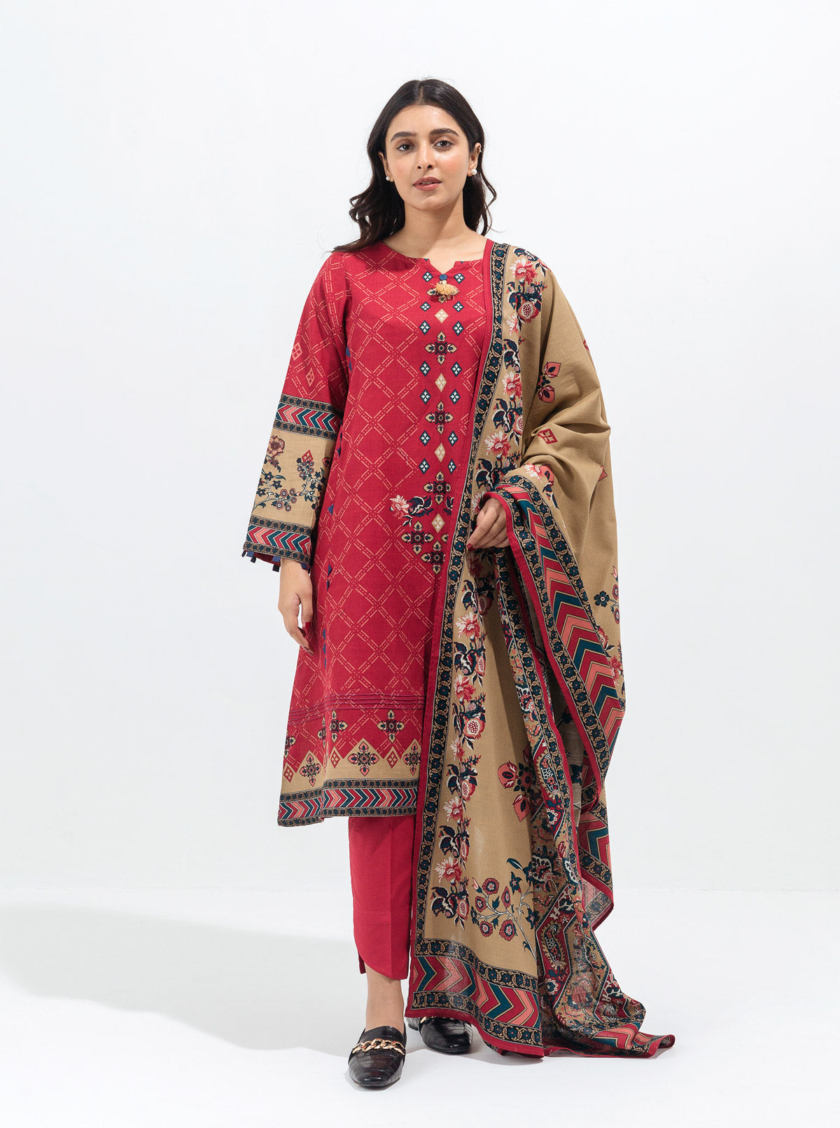Vermillion Shine-Printed-3P (Unstitched)