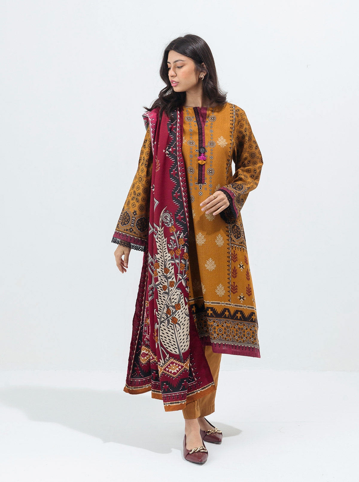 Boho Golden-Printed With Shawl-3P (Unstitched)