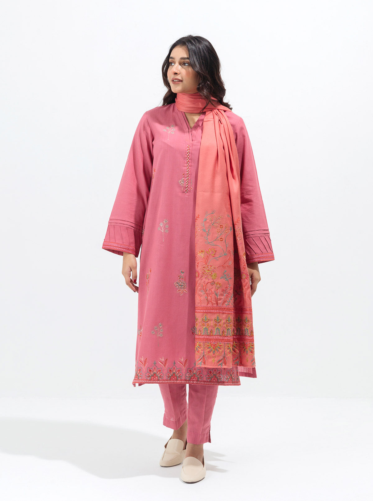 Rosy Glow-Embroidered With Shawl-3P (Unstitched)