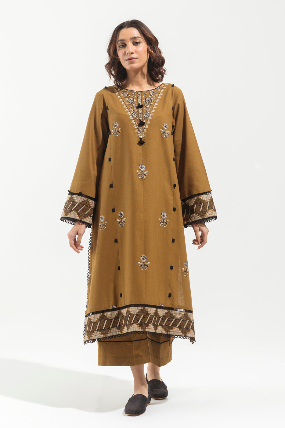 2 Piece - Embroidered Khaddar Suit - Sand Twill