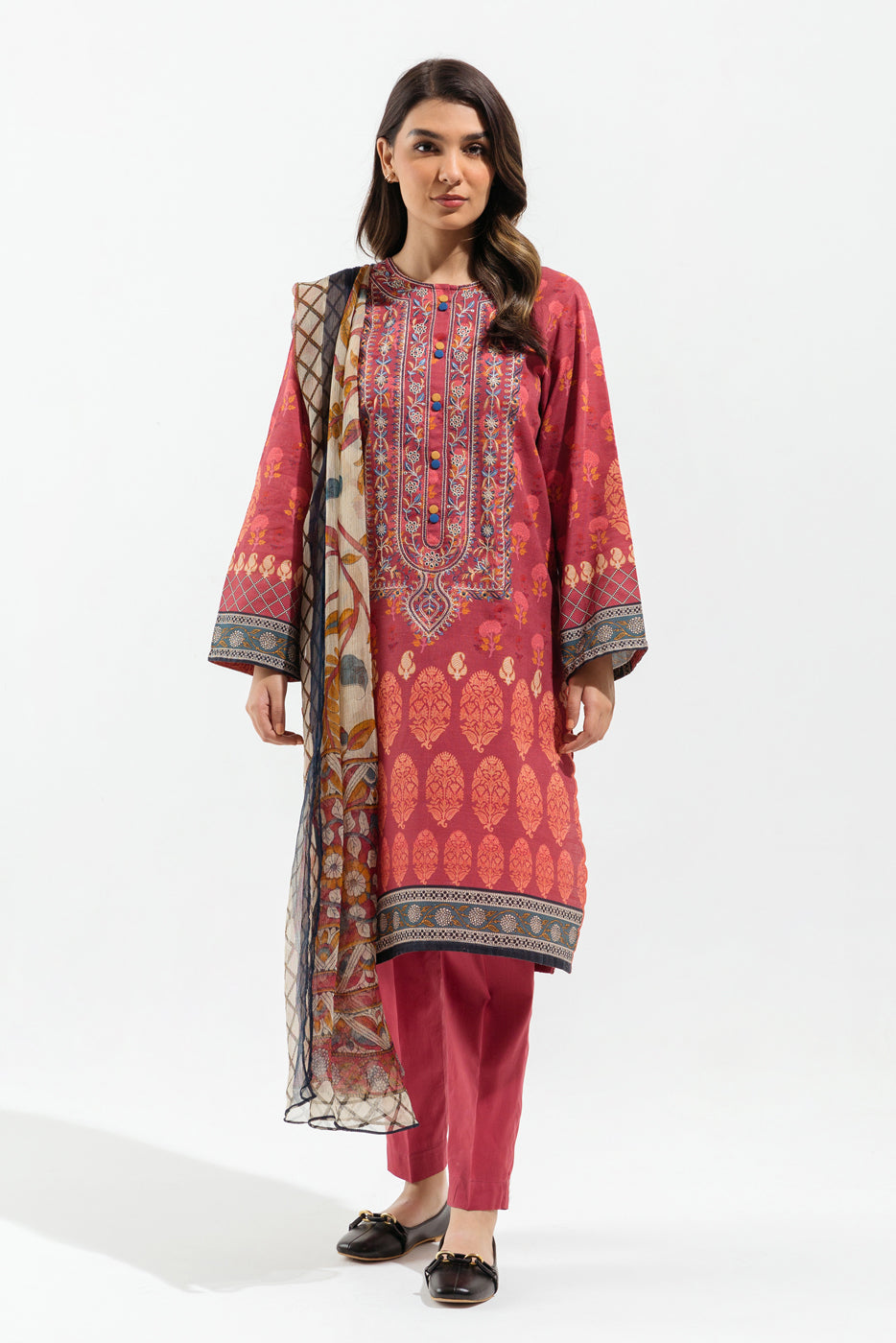 3 Piece - Embroidered Khaddar Suit - Rouge Haze