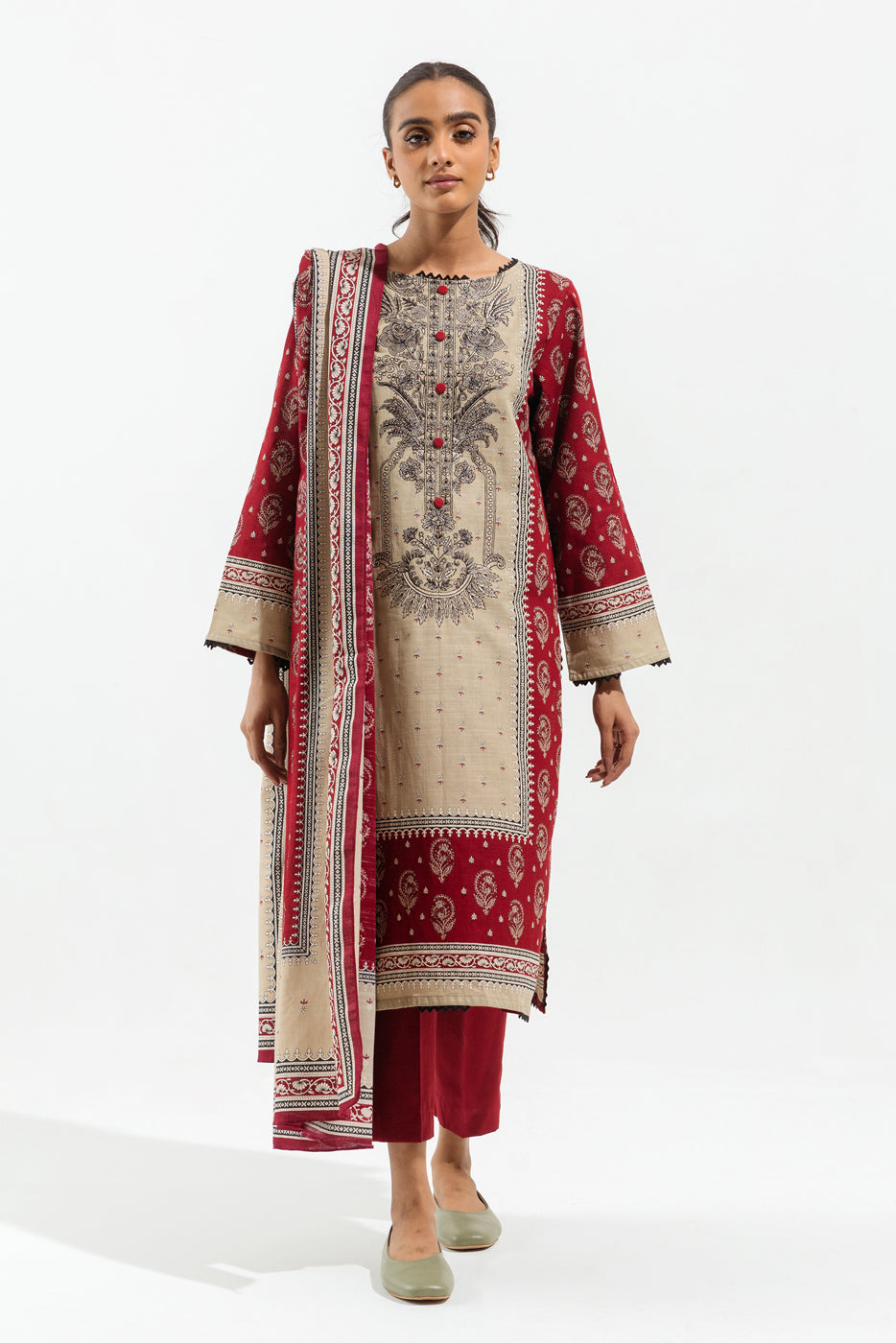 3 Piece - Embroidered Khaddar Suit - Ivory Cerise (Unstitched)