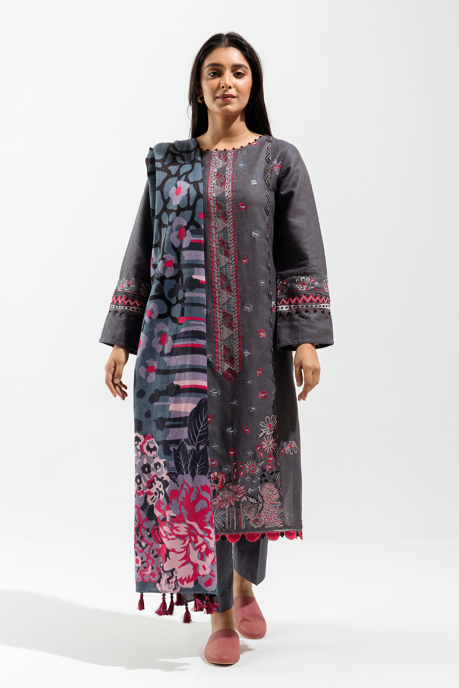 3 Piece - Embroidered With Shawl Khaddar Suit - Anchor Aura (Unstitched)