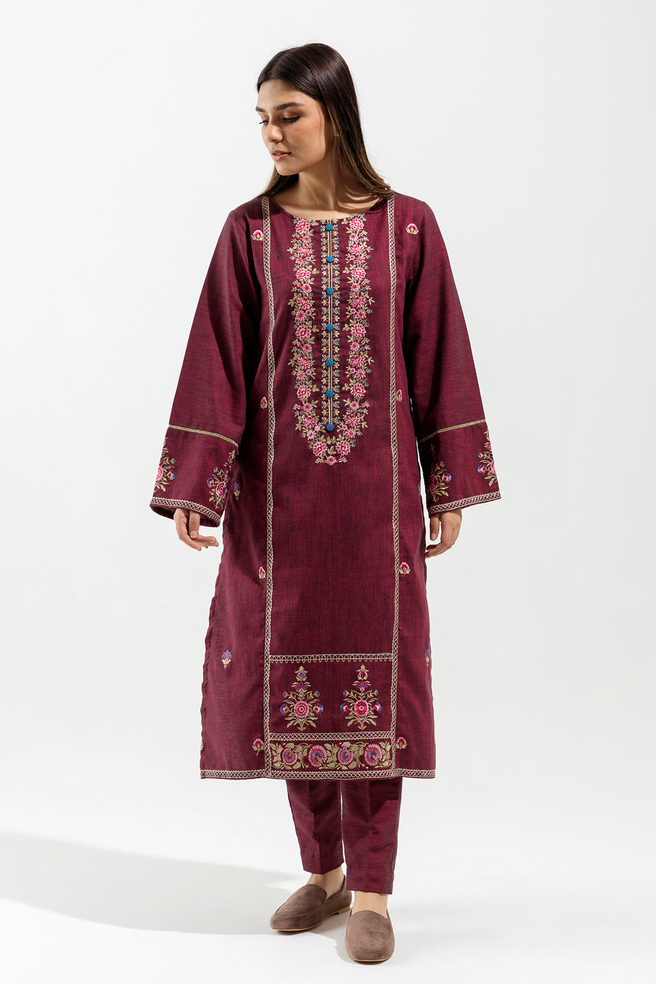 2 Piece - Embroidered Khaddar Suit - Mulberry Flora