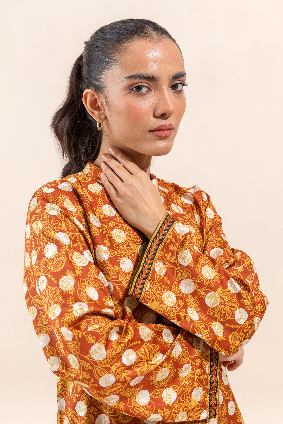2 Piece - Printed Cotton Satin Suit - Nostalgia Ochre (Unstitched)