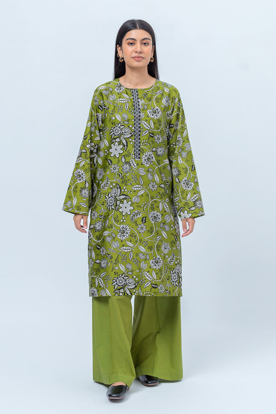 2 Piece - Printed Cotton Satin Suit - Olive Meadow (Unstitched)