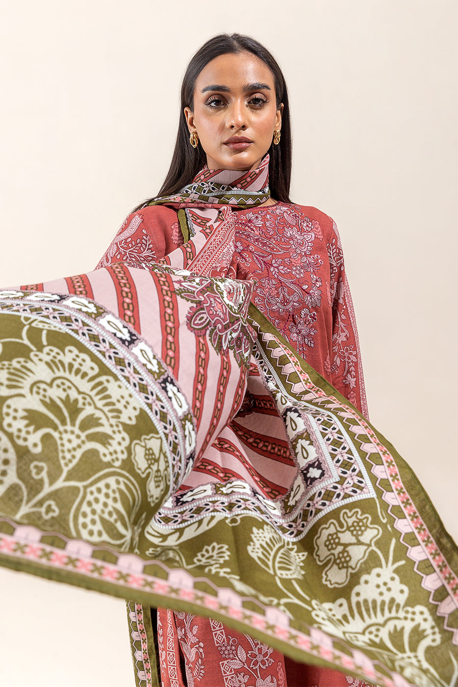 3 Piece - Embroidered Khaddar Suit - Mahogany Desire (Unstitched)