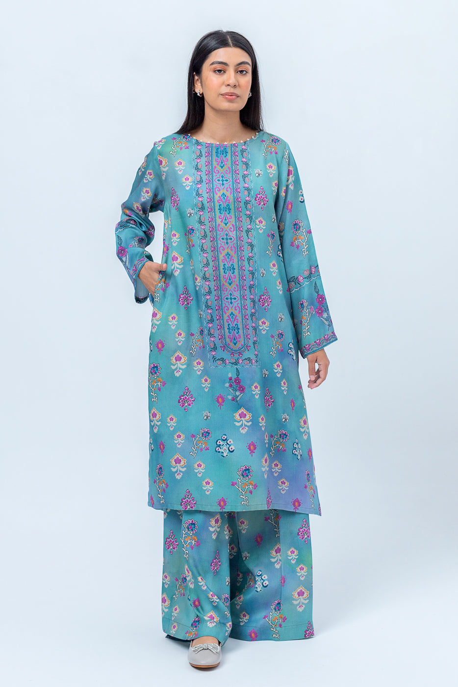 2 Piece - Printed Linen Suit - Dusty Turquoise (Unstitched)
