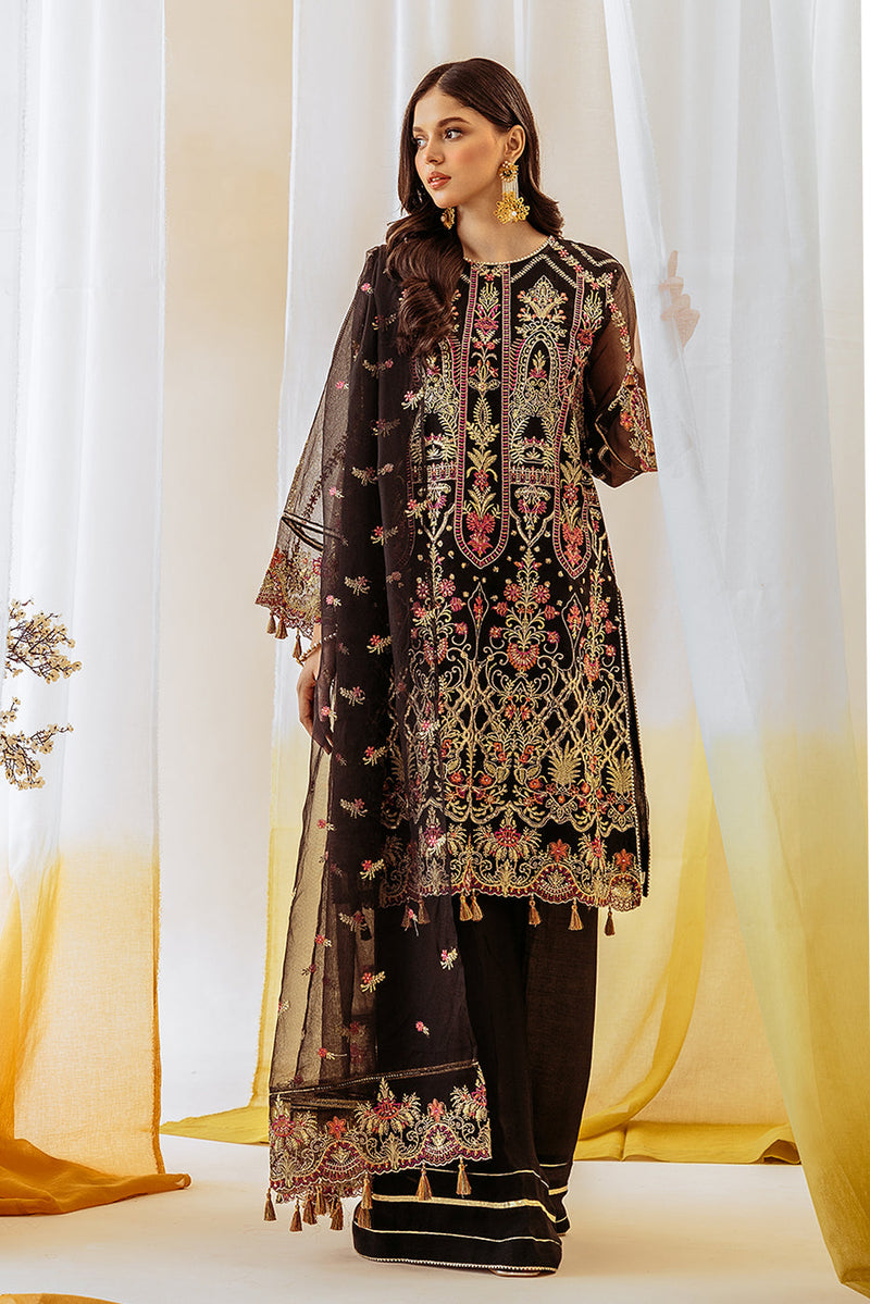 4 Piece Embroidered Organza Net Suit-Noir Elegance (Unstitched)