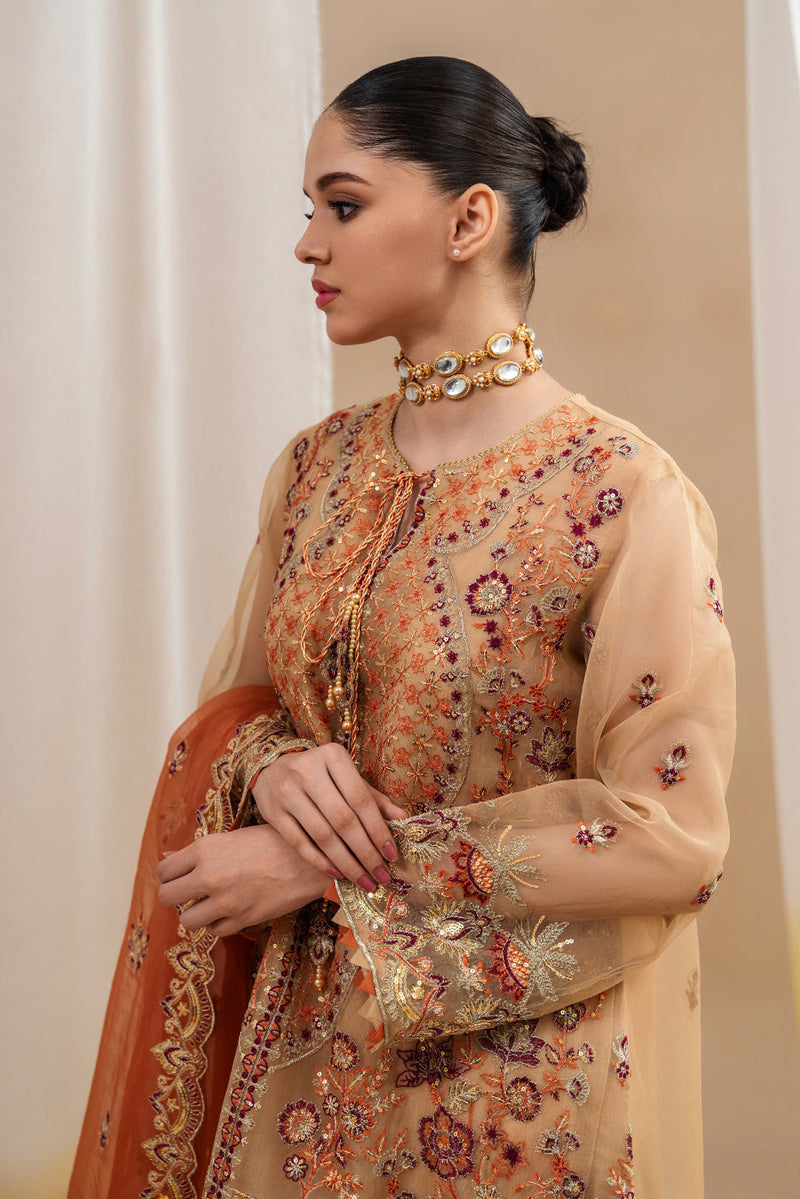 4 Piece Embroidered Organza Suit-Saffron Blossom (Unstitched)