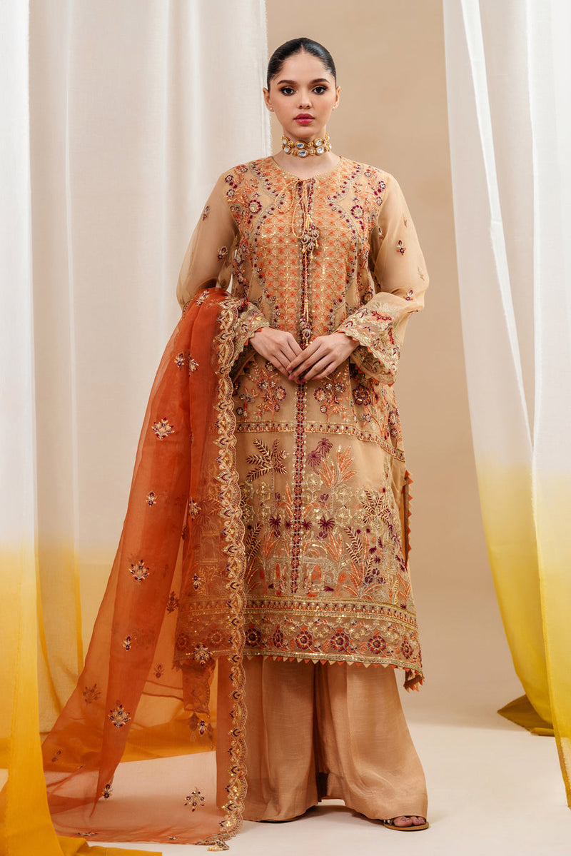 4 Piece Embroidered Organza Suit-Saffron Blossom (Unstitched)