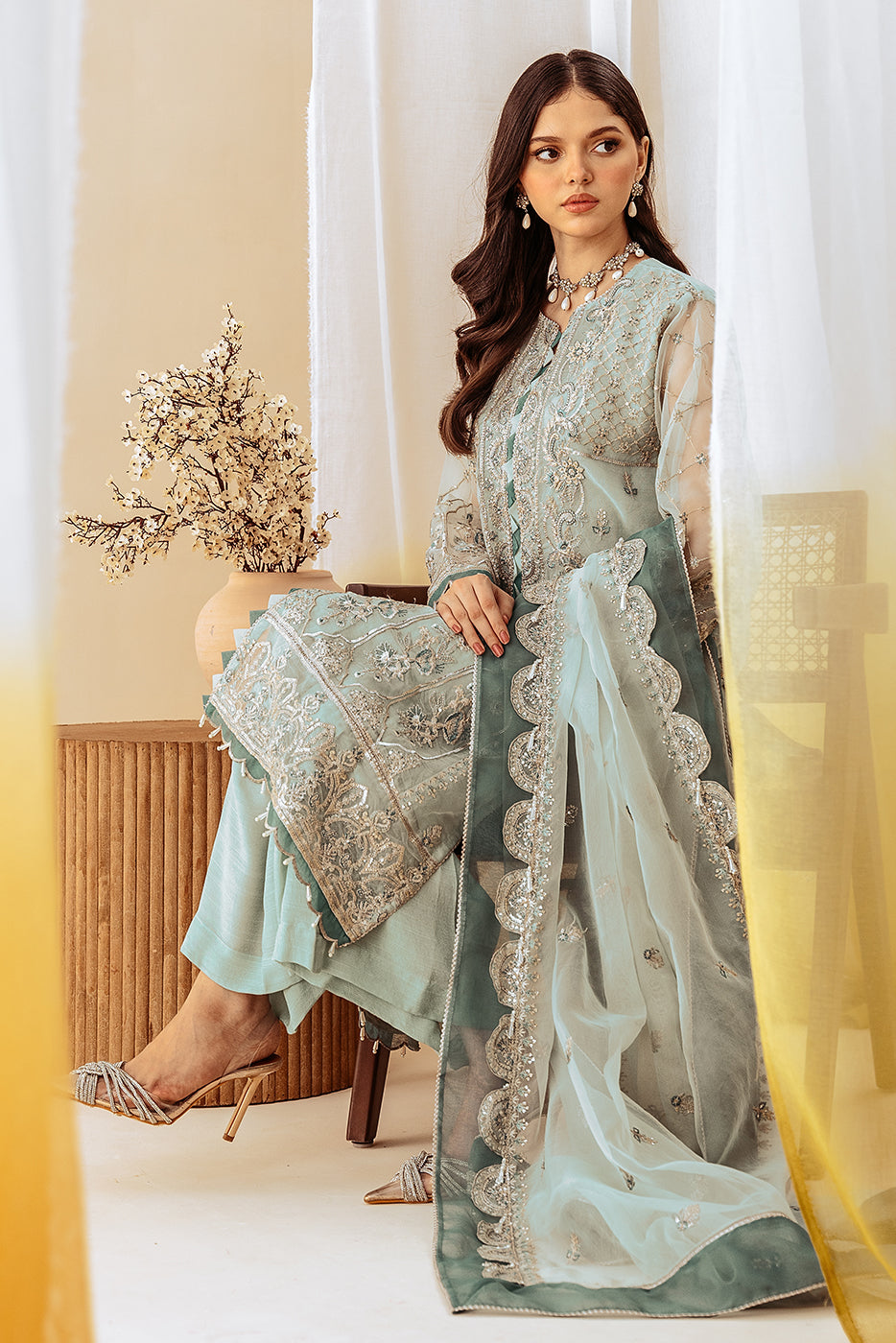 4 Piece Embroidered Organza Suit-Mint Spring (Unstitched)