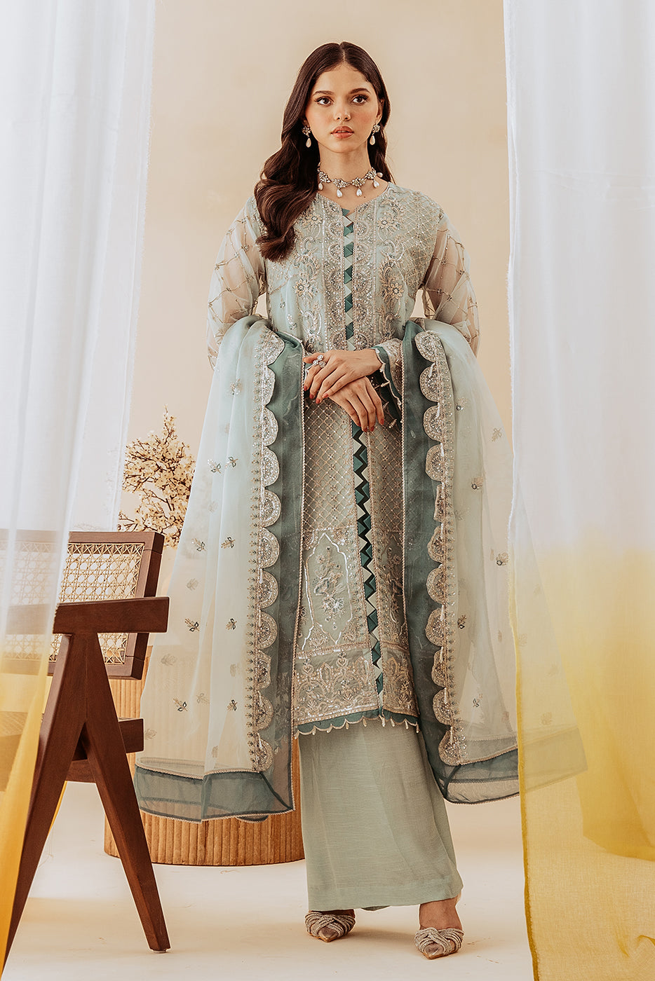 4 Piece Embroidered Organza Suit-Mint Spring (Unstitched)