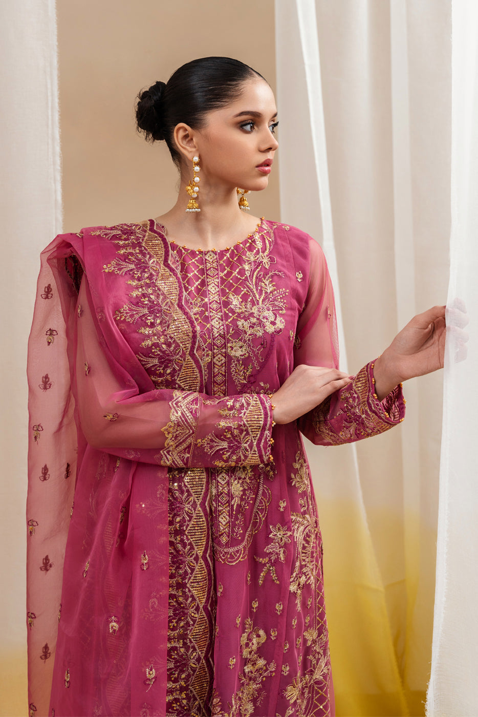 4 Piece Embroidered Organza Net Suit-Fuchsia Fantasy (Unstitched)