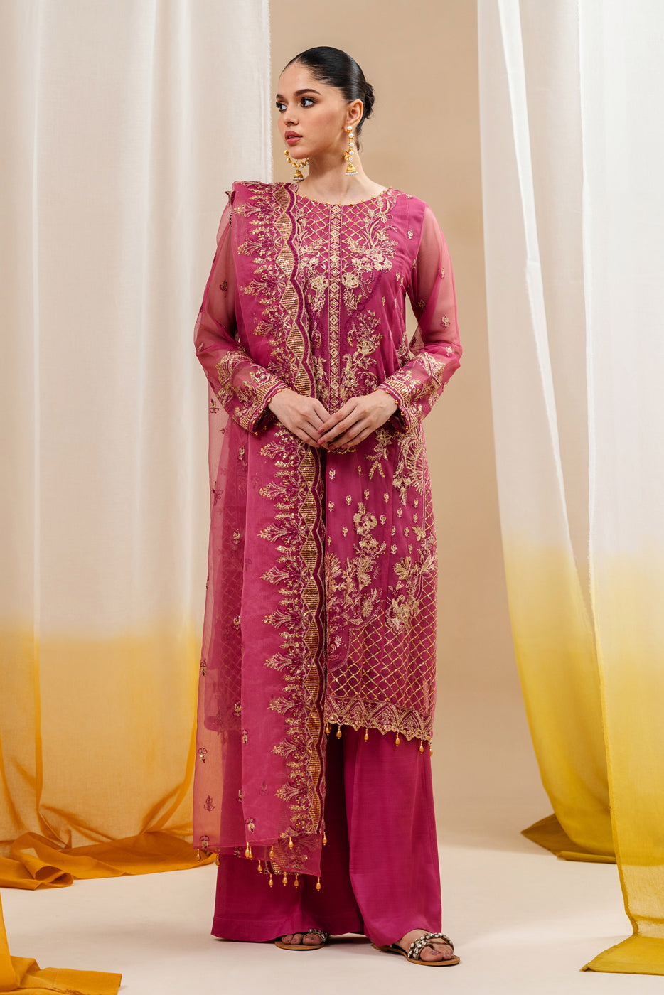 4 Piece Embroidered Organza Net Suit-Fuchsia Fantasy (Unstitched)