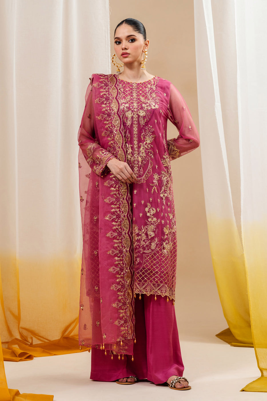 4 Piece Embroidered Organza Net Suit-Fuchsia Fantasy (Unstitched)