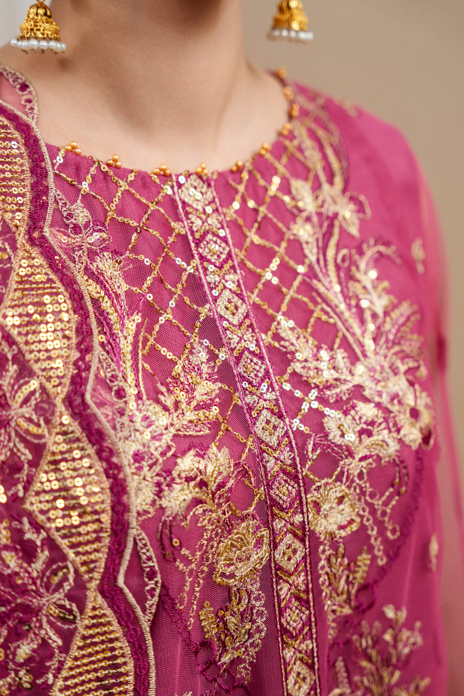 4 Piece Embroidered Organza Net Suit-Fuchsia Fantasy (Unstitched)