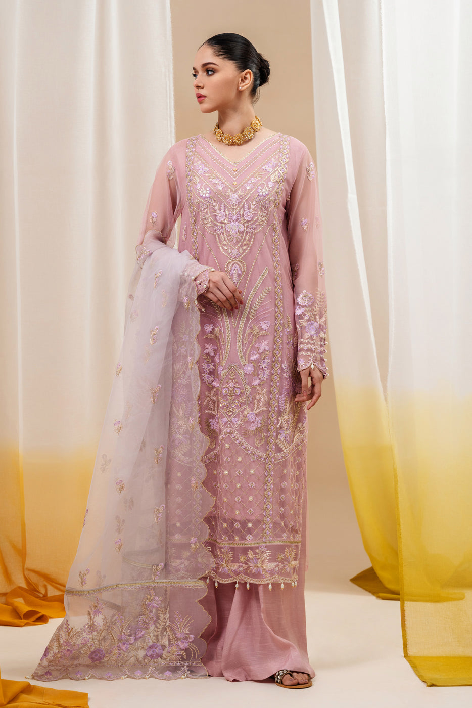 4 Piece Embroidered Organza Net Suit-Pink Aura (Unstitched)