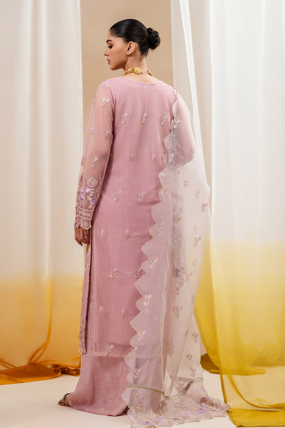 4 Piece Embroidered Organza Net Suit-Pink Aura (Unstitched)
