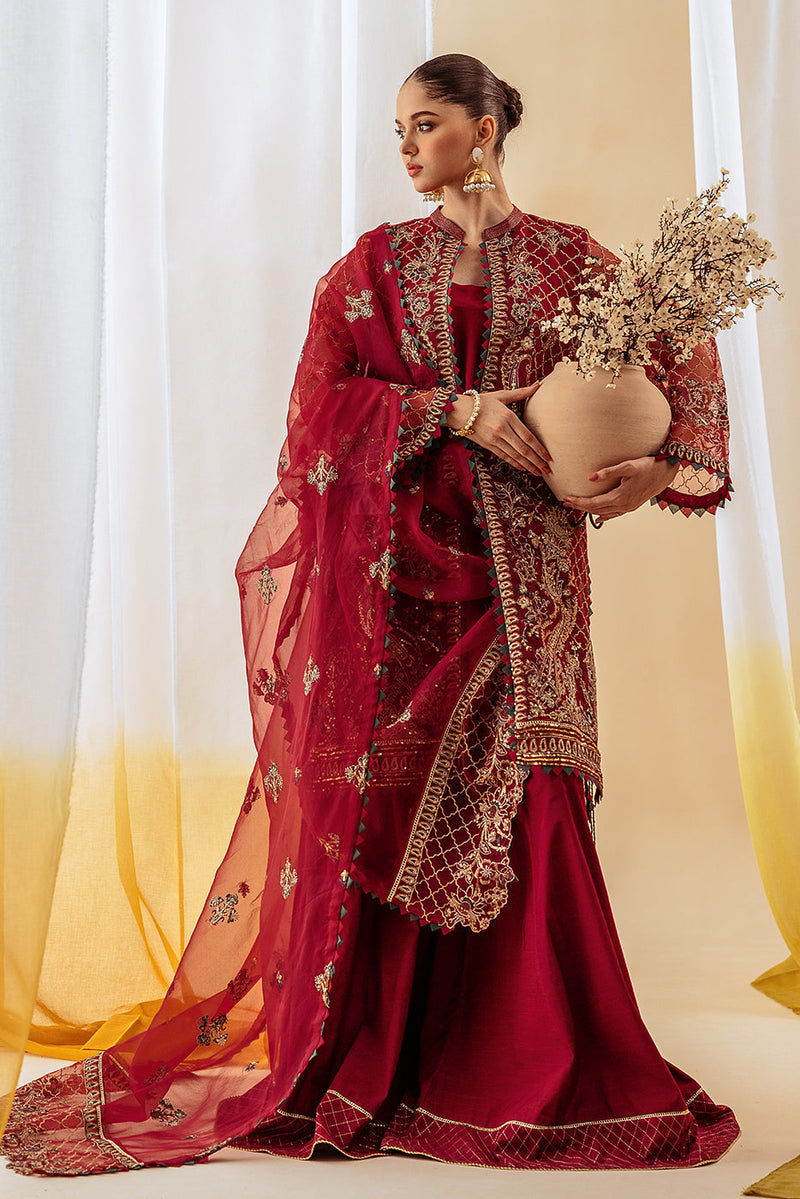 4 Piece Embroidered Organza Suit-Exquisite Ruby (Unstitched)