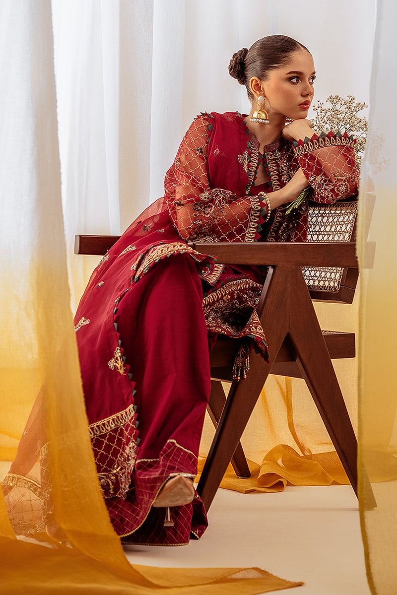 4 Piece Embroidered Organza Suit-Exquisite Ruby (Unstitched)