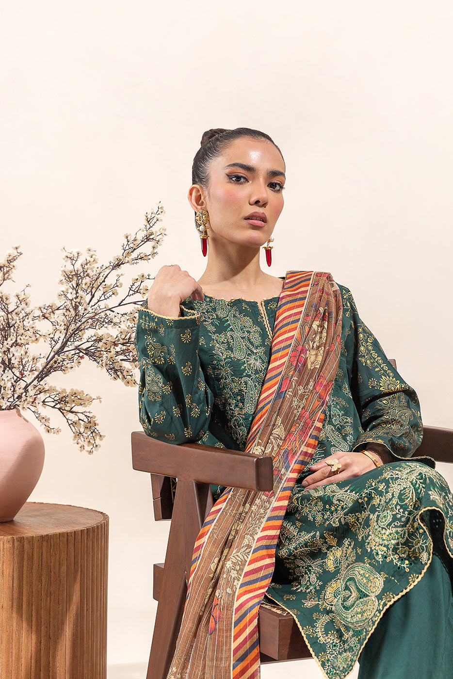3 Piece Embroidered Lawn Suit-Emerald Spruce(Unstitched)