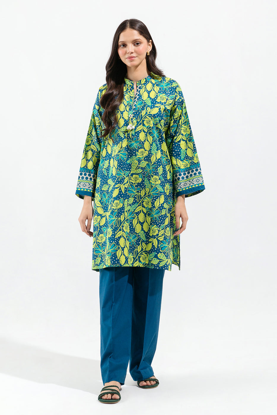 2 Piece - Printed Lawn Suit - Fluorescent Lime