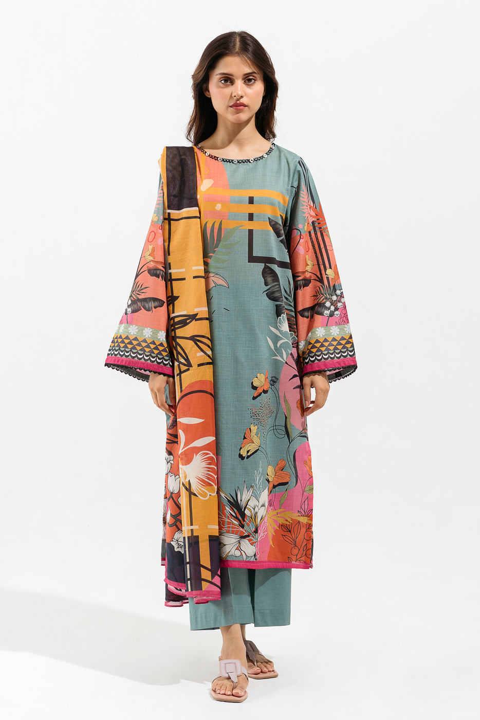 3 Piece - Printed Lawn Suit - Tropical Mint