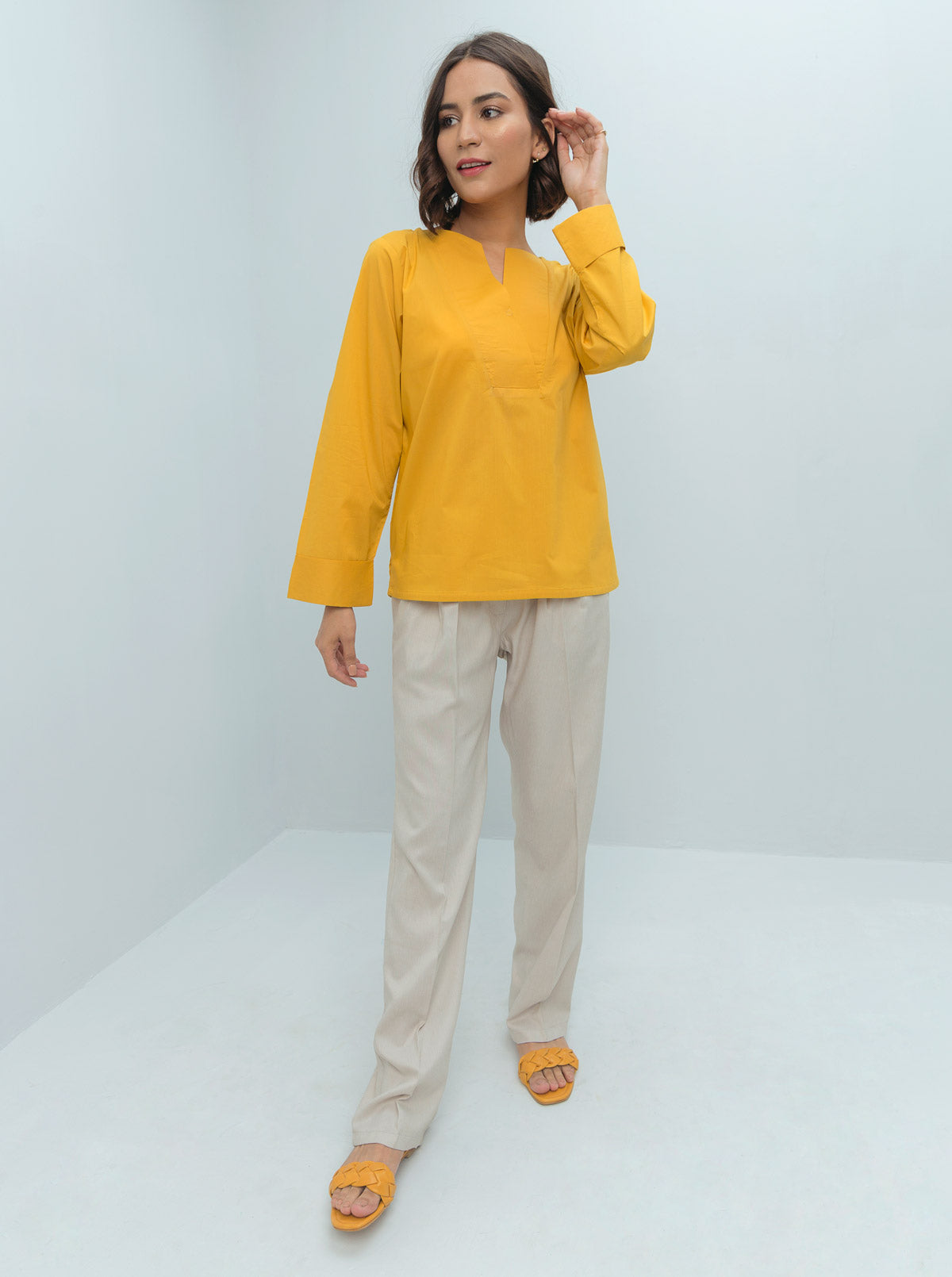 Yellow Poplin Jersey Combination Top