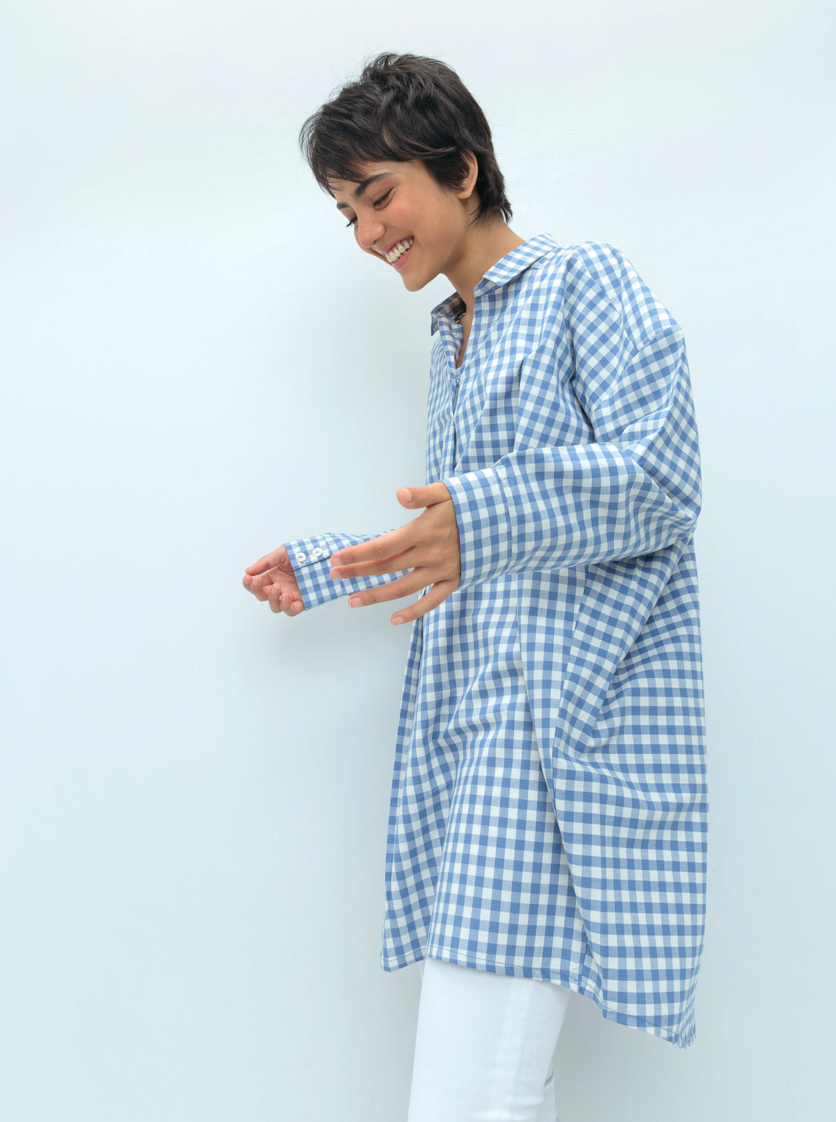 Blue Check Baggy Collar Shirt