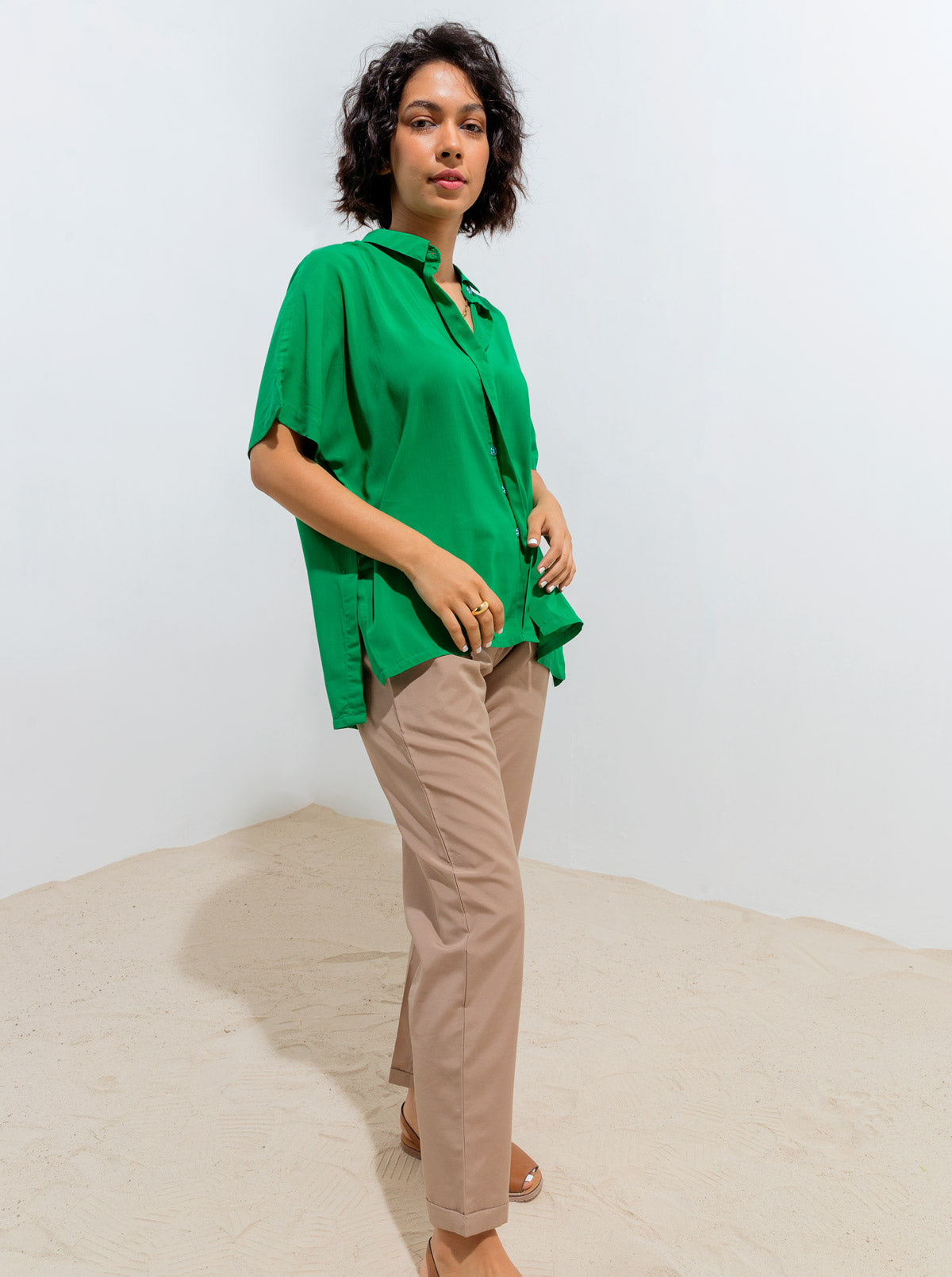 Bright Green Flowy Collar Shirt
