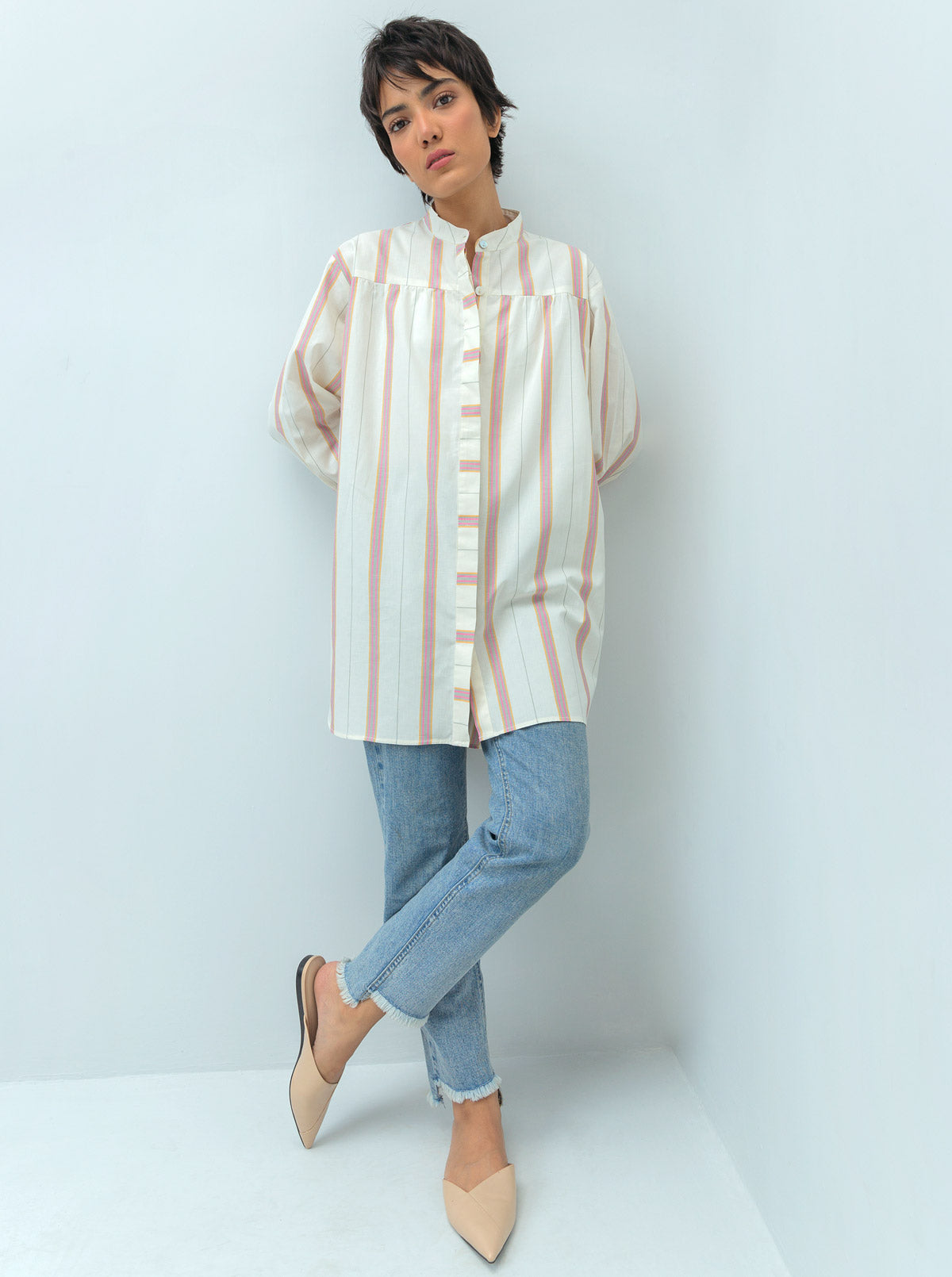 Multi Striped Gathered Yoke Shirt