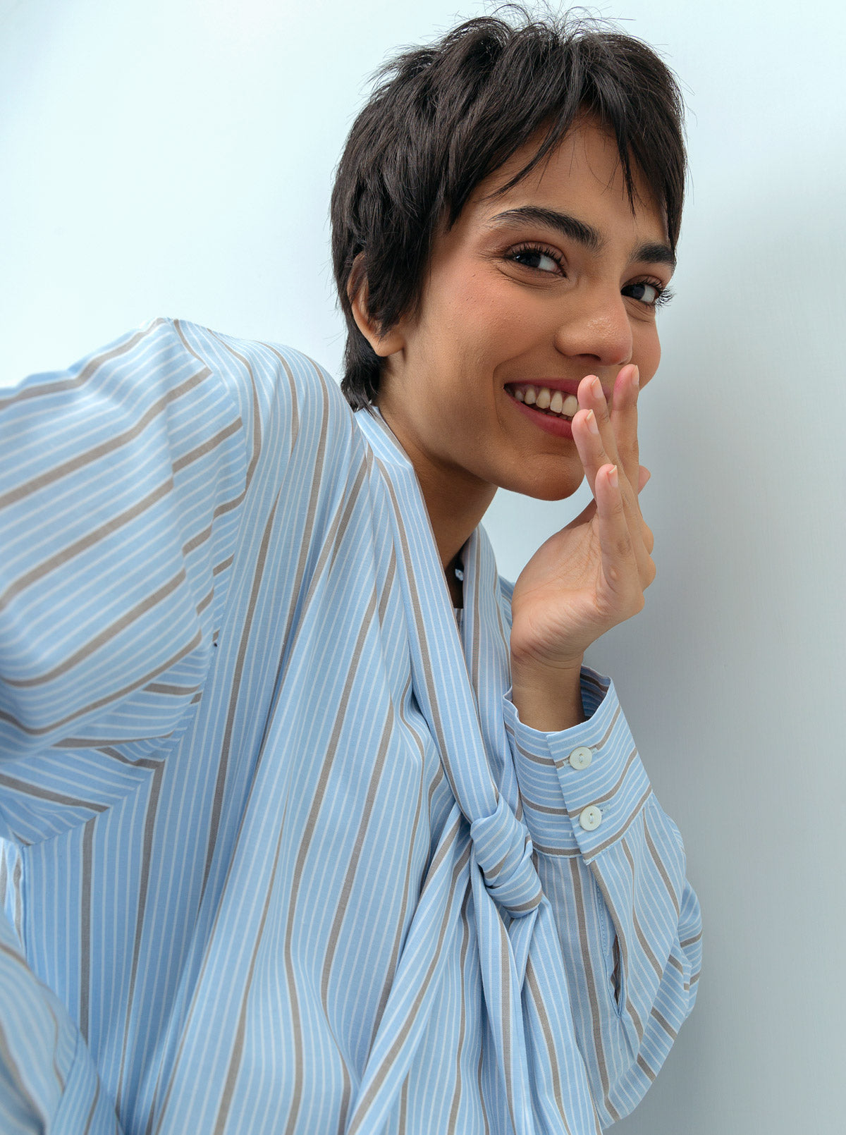Striped Neck Tie Placket Top