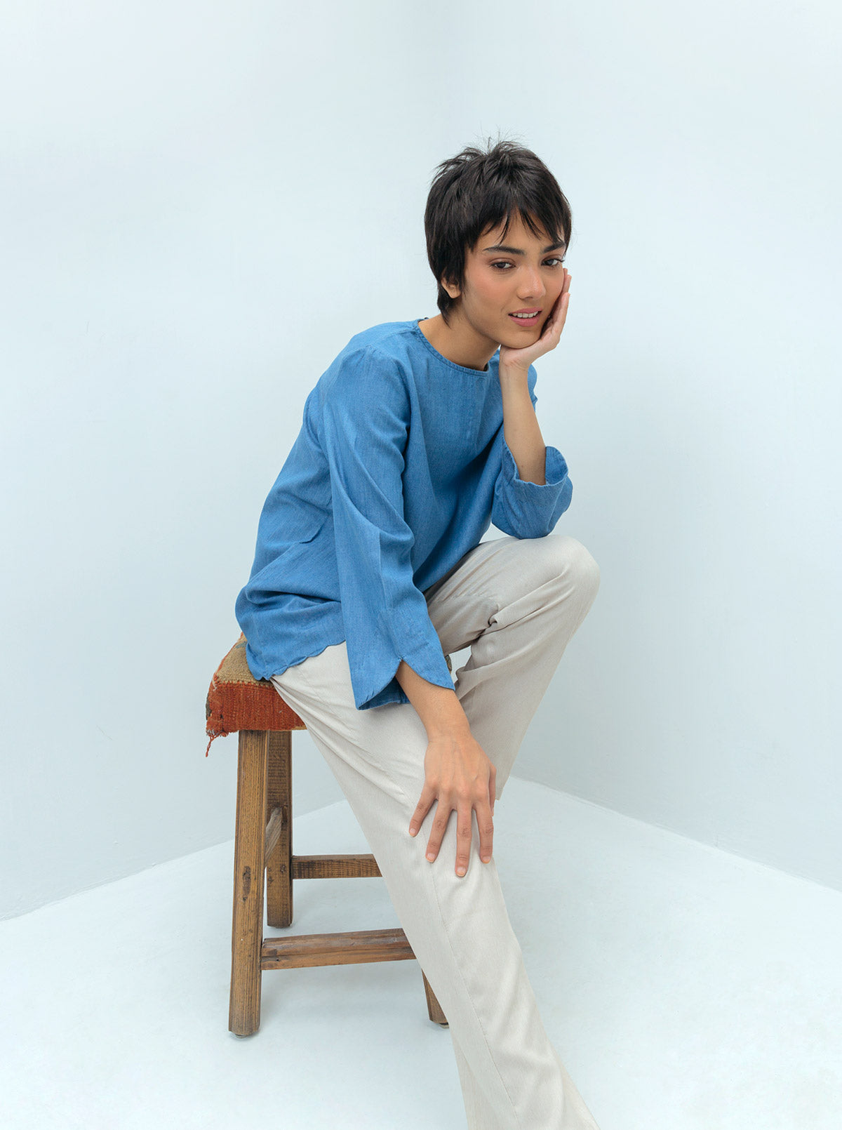 Denim Scalloped Hem Top