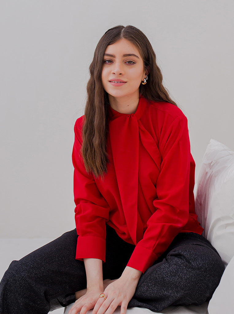 Red Draped Neck Tie Blouse