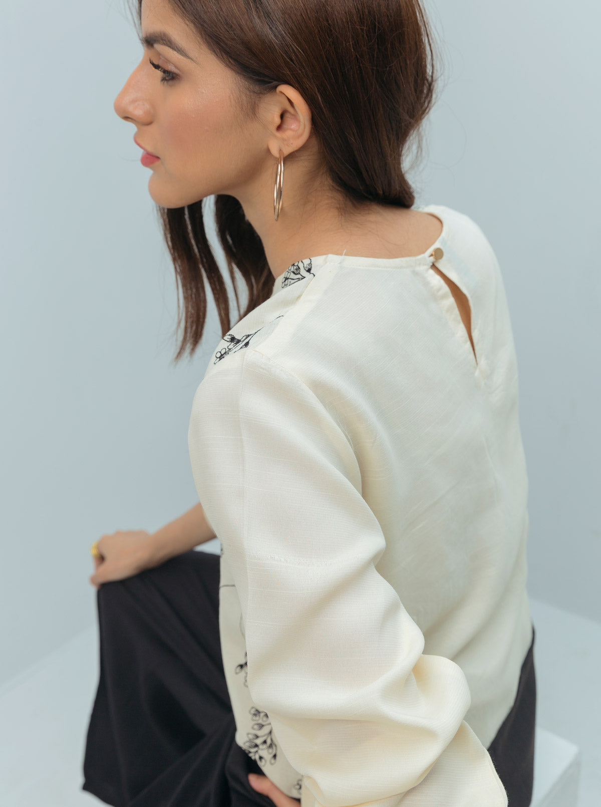 Cream Color Block Black Sequin Blouse