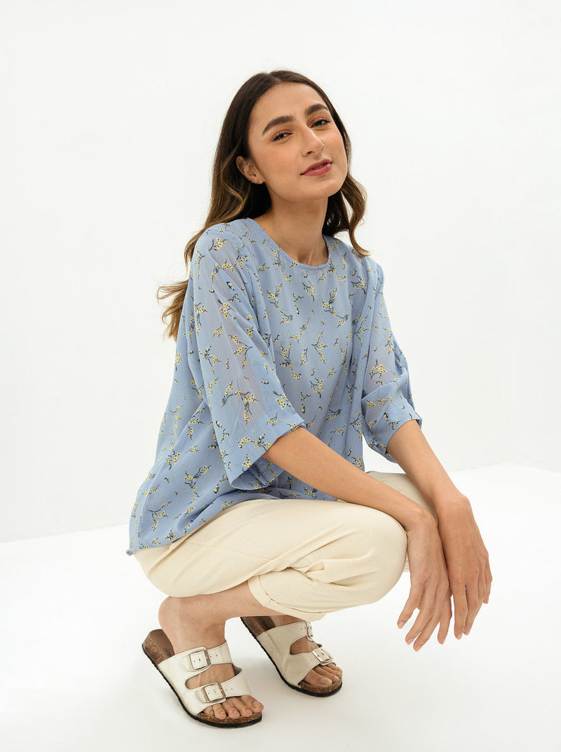 Pale Blue Floral Print Blouse