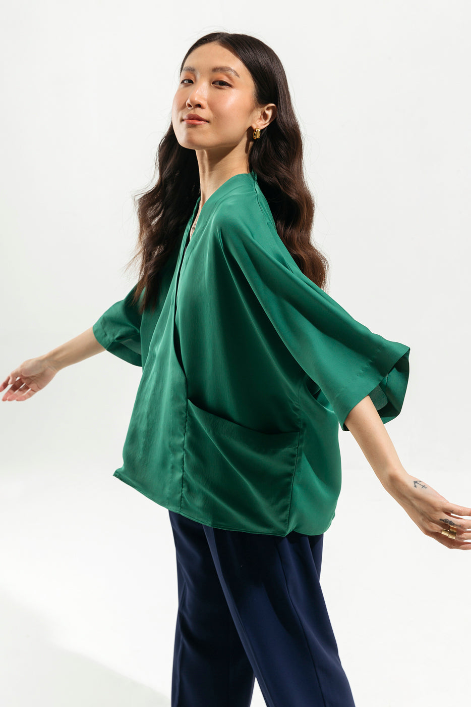 GREEN OVERLAPPED SATIN TOP