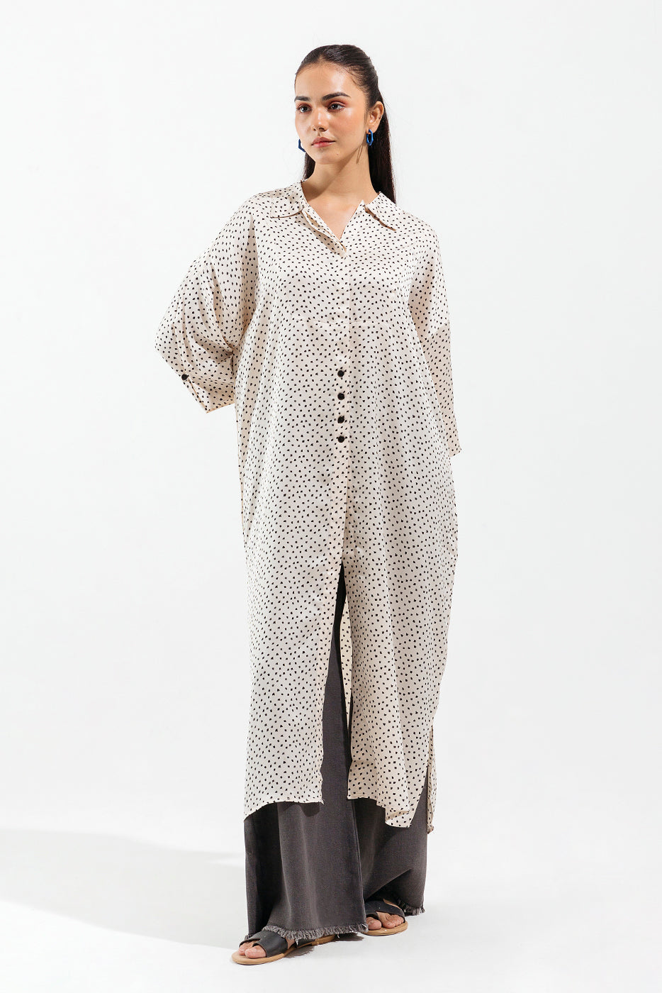 Biege Printed Silk Long Dress