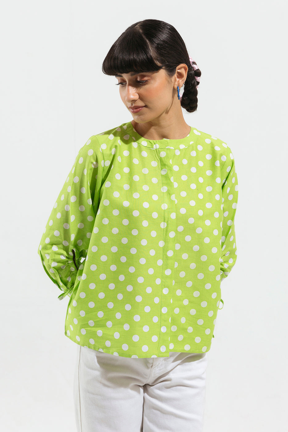 LEAF GREEN POLKA DOT BUTTON-THROUGH SHIRT