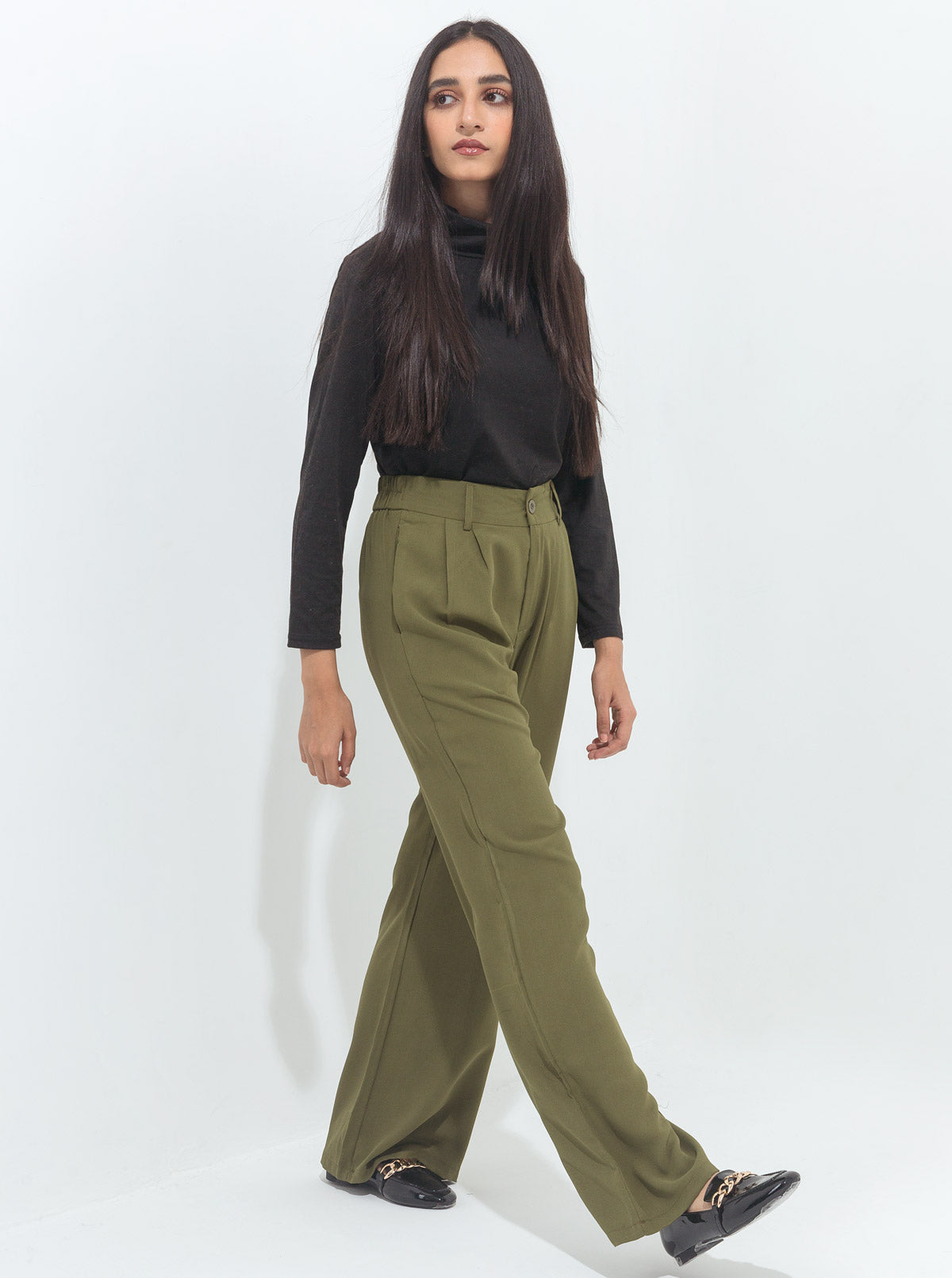 Olive Green Wide Leg Tailored Pants