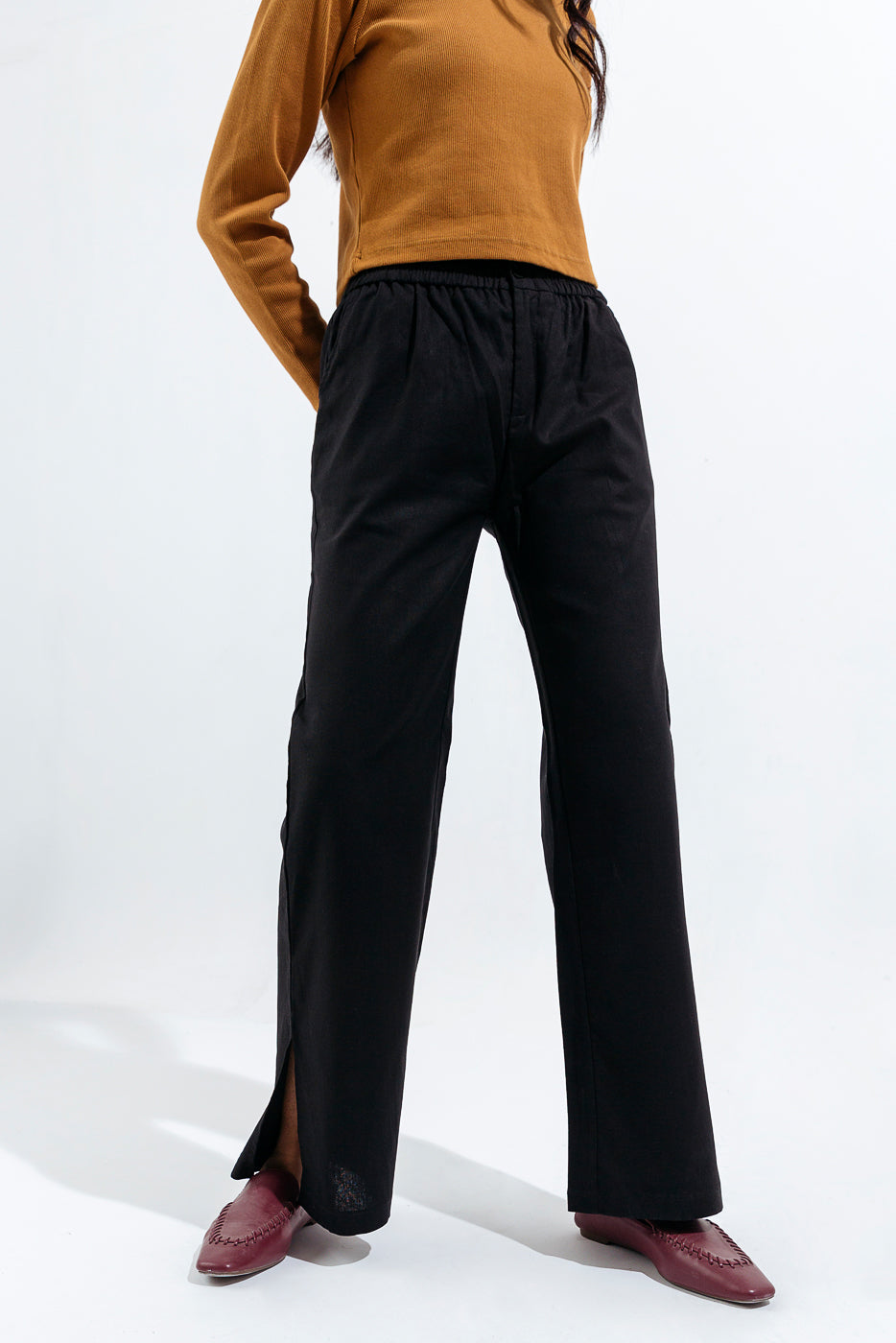 Black Wide Leg Slit Cut Pants