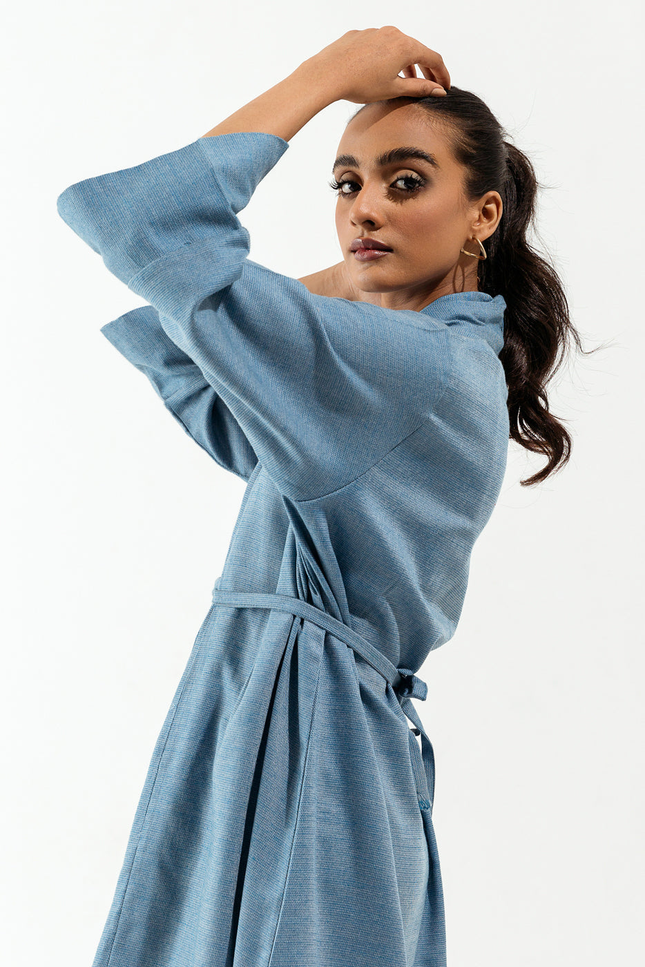 Blue Shawl Collar Long Tunic