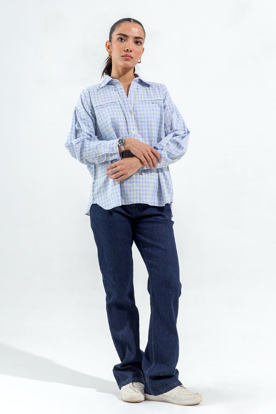 Blue And White Check Collar Shirt