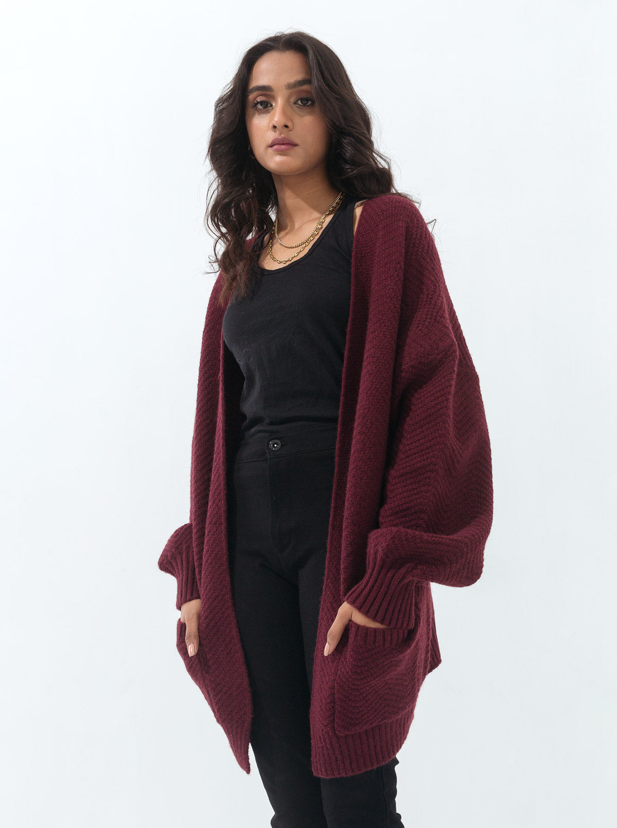 Maroon Herringbone Knit Pocket Shrug