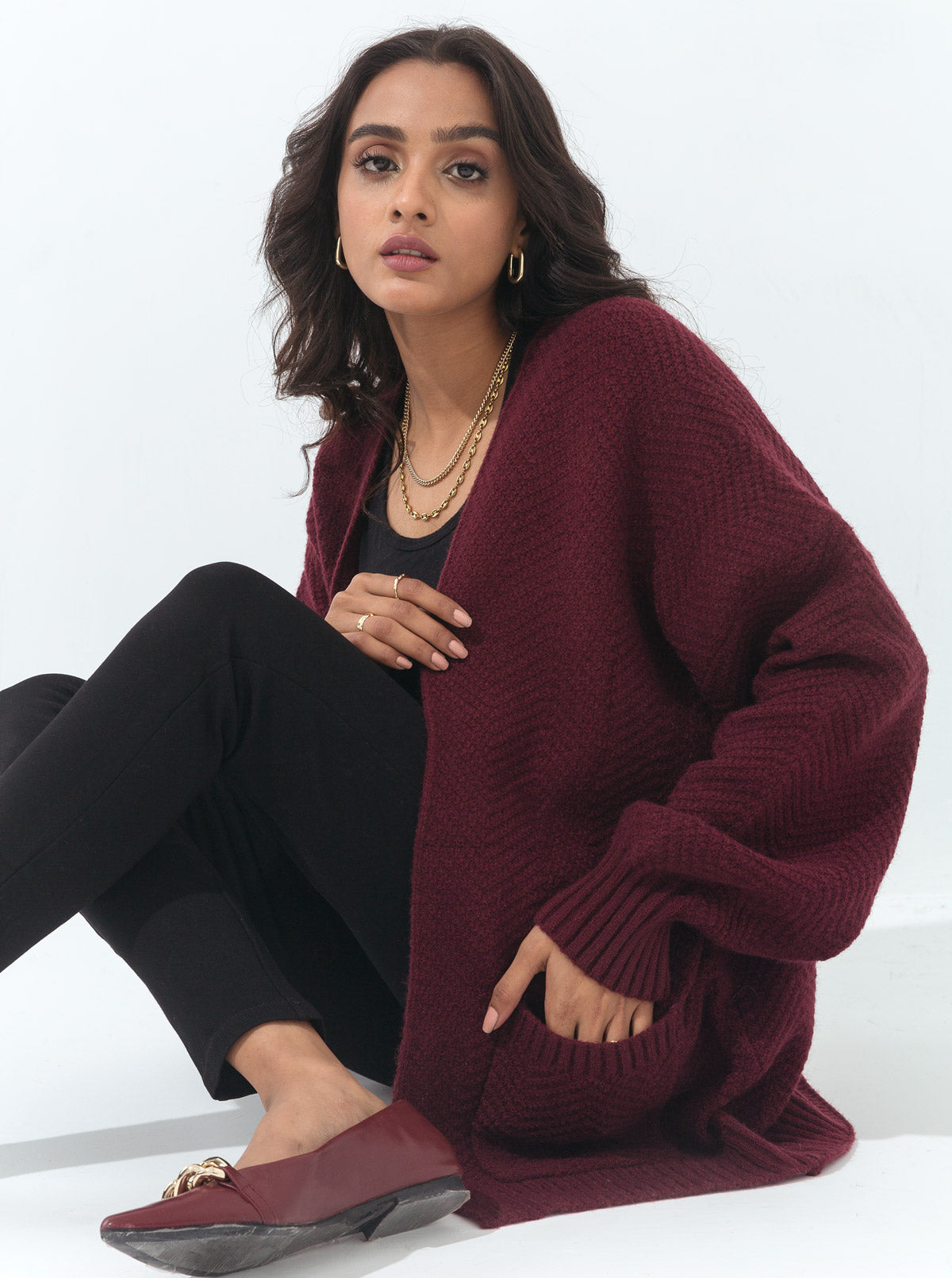 Maroon Herringbone Knit Pocket Shrug